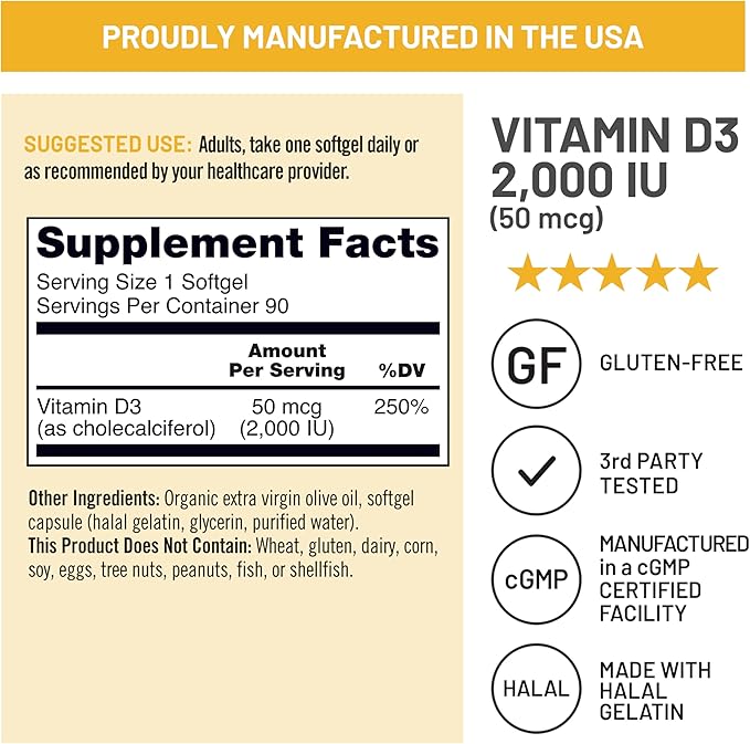 NatureWise Vitamine D3 2000 UI (50 µg) Approvisionnement de 90 jours pour le soutien immunitaire, la fonction musculaire saine et la santé des os - Sans OGM, sans gluten dans de l'huile d'olive extra vierge biologique, (mini-capsule molle), 90 unités