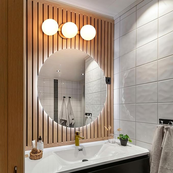 Bathroom Vanity Light Fixtures, Modern 3 Lights Globe Wall Sconce Lighting Aged Brass, Porch Wall Mount Light Fixture for Bathroom, Mirror Cabinets Hallway Stairs