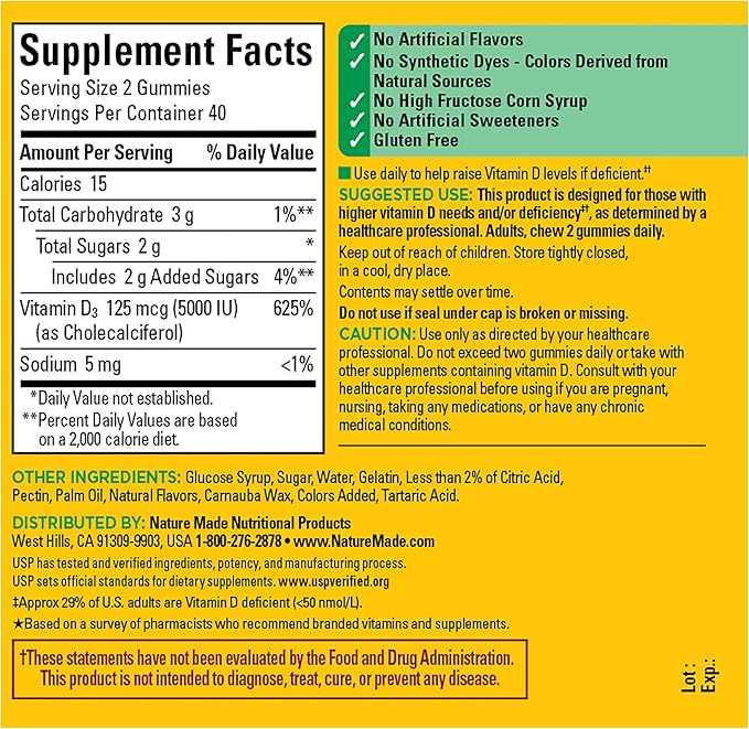 Nature Made Vitamine D3 5000 UI par portion, Gommes extra fortes, Soutien pour la santé des os et du système immunitaire, 80 gommes de vitamine D pour adultes, 40 jours d'approvisionnement