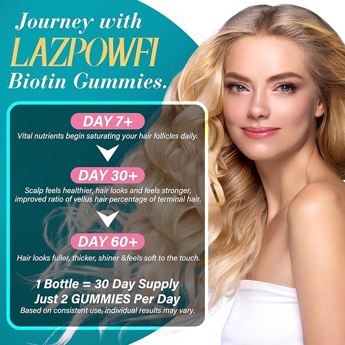 Biotin Gummies -Hair Skin and Nails Vitamins for Men & Women, Vegan Vitamin B7, Supports Hair Growth and Stronger Nails,30 Day Supply-Strawberry-60 Counts