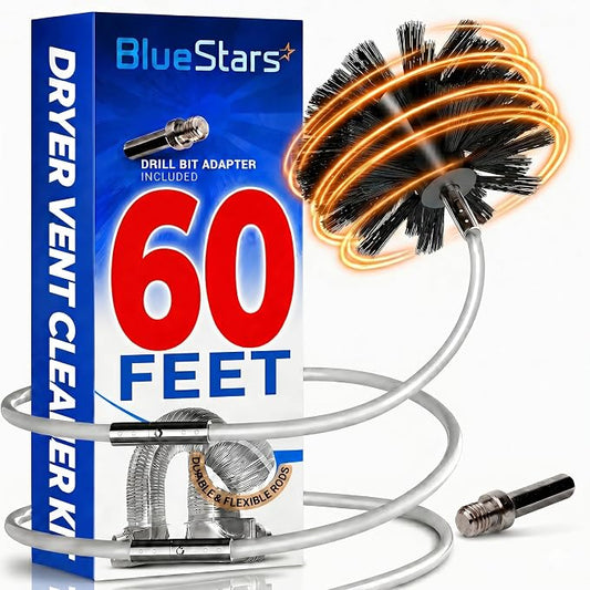 BlueStars 60-Feet Dryer Vent Cleaner Kit with Drill Attachment — Flexible Lint Remover Brush, Extends Up to 60 ft, Works with or Without Power Drill