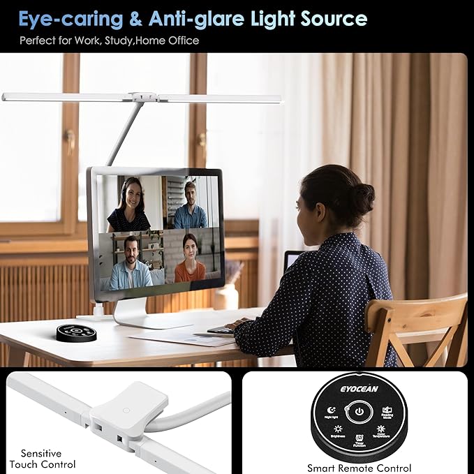 EYOCEAN Desk Lamp with Metal Base, 31.5" LED Office Lamp for Home Office, 24W Double Head Desk Light, Dimmable & Color Temperature, Table Lamp with Remote Control, Brightest Computer Monitor Light