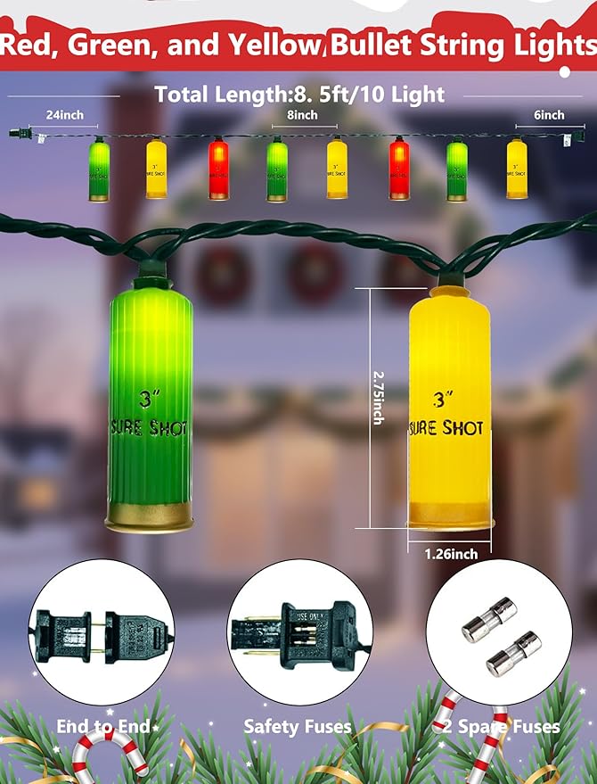 8.5Ft Multicolor Shotgun Shell String Lights Plug in, 10 LED Red Green Yellow Bullet Shape Lights, Connectable Hanging Bullets Lights for Patio Party Cinco de Mayo Mexican Fiesta Christmas Tree Decor