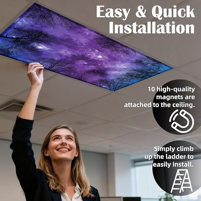 ANGSYLTH 8 Pcs Fluorescent Light Covers - 4 x 2 Feet Covers for Ceiling Lights, 8 x 10 Magnetic Light Filters for Classroom, Office, Hospitals (Forests & Starry Sky)
