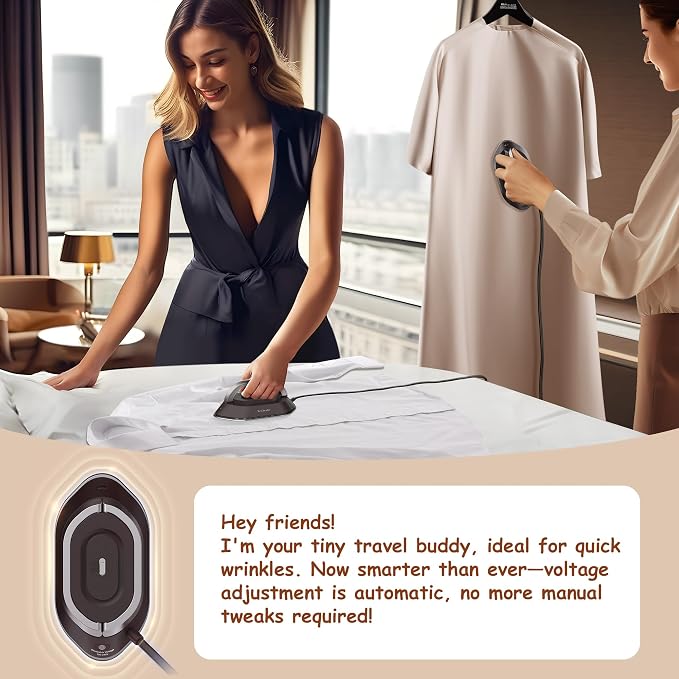 Newbealer Travel Iron Set, 100-240V Mini Dry Iron for Clothes (No Steam) | Max 300W, Heats in 60s, 302℉ Ceramic Soleplate, Handy Heat Press, 0.8lbs Lightweight for Quick Touch-ups Worldwide (Brown)