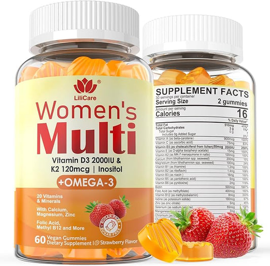 Gummies Multivitamines Femme avec Oméga 3 (DHA/EPA), Vitamine D3 K2, Calcium, Inositol, Vitamines Quotidiennes Femme A C E Complexe B, L-Méthylfolate, Méthyl B12, Multivitamines Minéraux Méthylés Sans Sucre, 60 unités