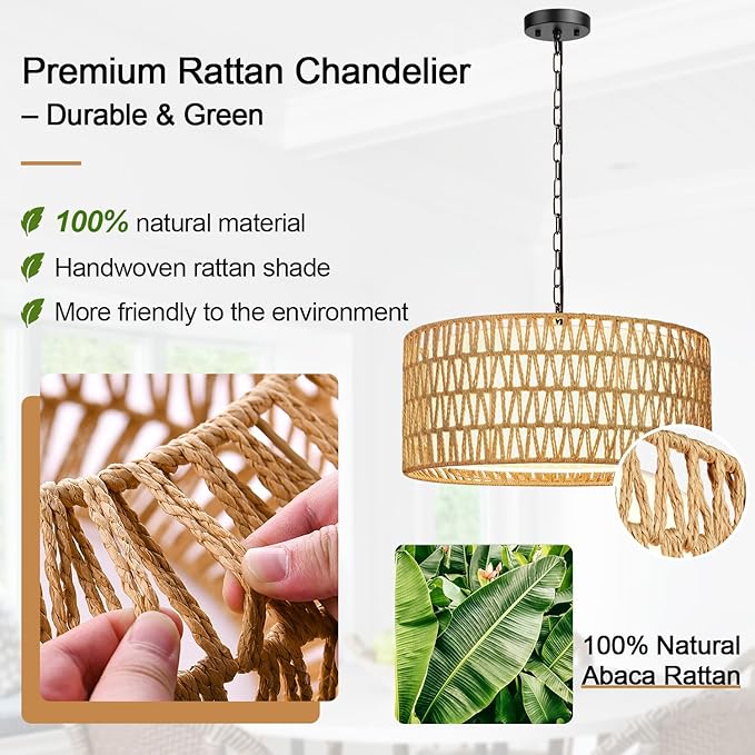 9"-52" Height Adjustable Farmhouse Chandelier Light Fixture, 5-Light Rattan Boho Chandeliers for Dining Room, Hand Woven Pendant Light with Linen Shade, Rustic Hanging Lighting for Kitchen Island