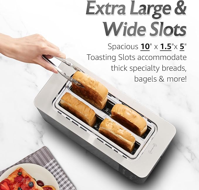 Elite Gourmet ECT5924D SmartToast Digital Long Slot 4 Slice Toaster, 1370W Even Heat, Extra Wide 1.5" Slots for Bagels & Texas Toast, Touch Screen, 6 Shades, 6 Bread Types, Defrost, Reheat, Steel