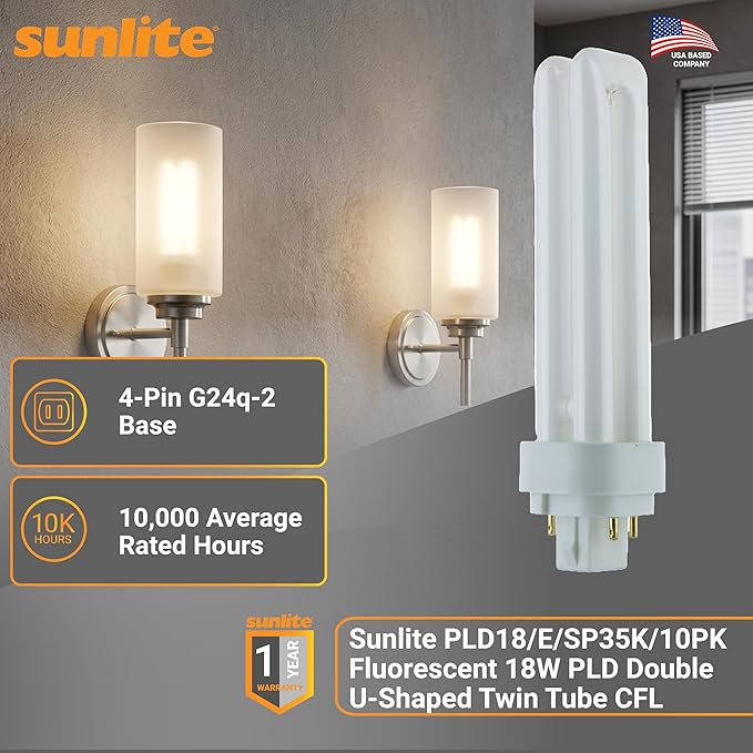 Sunlite Compact Fluorescent PLD 4-Pin Double U-Shaped Twin Tube, 18 Watts, 120 Volts, 1080 Lumens, 3500K Neutral White, 4-Pin G24q2 Base, 10 Pack