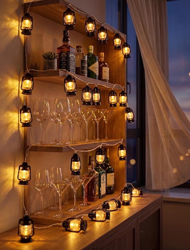 8.5Ft Black Mini Kerosene String Lights, Vintage Decorative String Lights with 10 LED Kerosene Lantern Bulbs, Waterproof Connectable Plug in Fairy Lights for Camping Patio Bedroom Party Holiday Decor