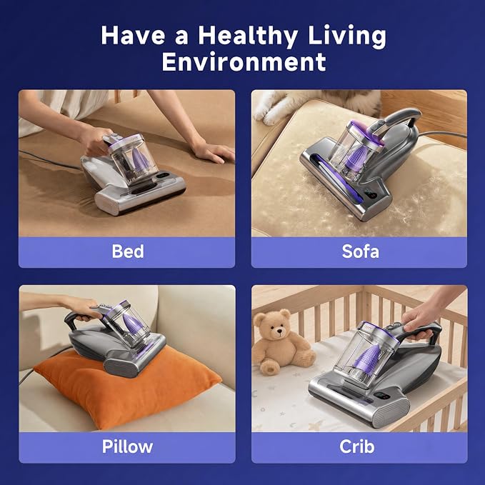uwant 18Kpa Mattress Vacuum Cleaner 60000RPM Tap Bed Vacuum Set of 1 | 253.7Uv-C Light and Ultrasonic, 149℉ Hot Air, HEPA Filter, Metal Roller