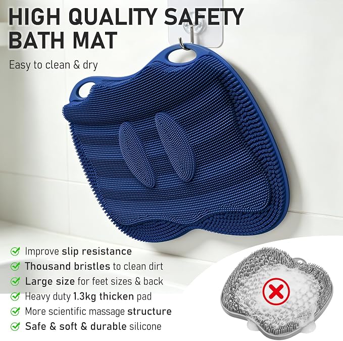 Shower Foot Scrubber Mat Large 2.0- Silicone Feet Toes Massage Exfoliate Cleaner Pad Long Brush Without Bending Non-Slip Suction Cups in Shower Floor Bathtub Foot Relax Spa 17.4 * 13" Navy Blue