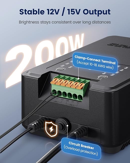SURAIELEC 200W Low Votage Landscape Transformer with 2 Zones, Photocell Sensor & Timer, 120V to 12V/15V AC Multi Tap, Outdoor Lighting Transformer for Pathway Lights, Hardscape Lights, Spotlights