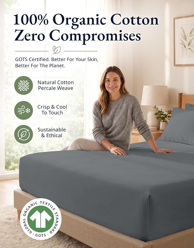 LANE LINEN 100% Organic Cotton Fitted Sheet Twin Size (No Flat Sheet) - Soft & Breathable Percale Weave Fitted Sheet Set for Added Luxury - 15'' Deep Pocket for Snug Fit - GOTS Certified - Charcoal