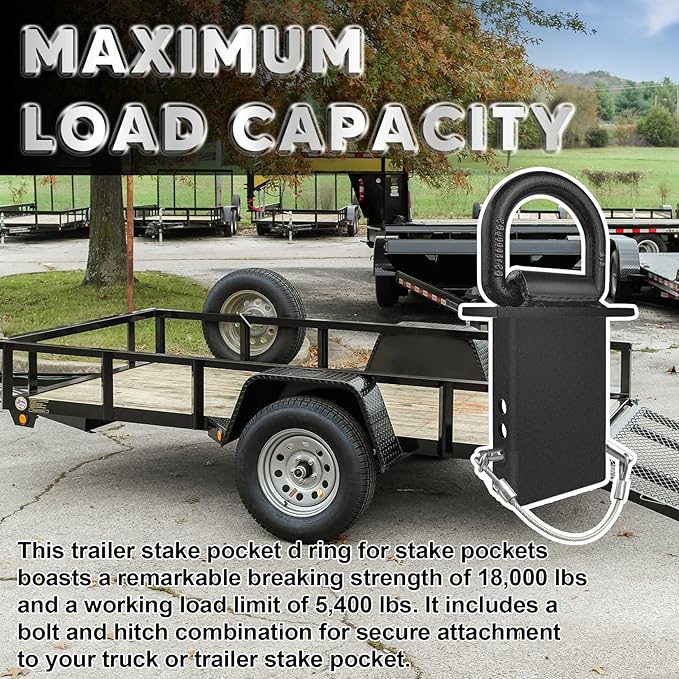 Stake Pocket D Rings 4pcs Upgrade 18000lbs Heavy Duty D-Ring Tie Downs for Utility Trailers and Flatbed Trucks w/Hitch Pin w/Steel Cables, Removable Tie Downs for Flatbed Cargo Trucks, Black