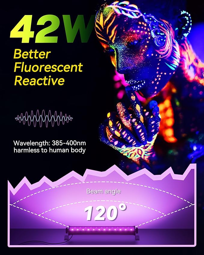 4 Pack 42W LED Black Light Bar, Blacklight with 6FT Cord+Switch+Plug, Glow in The Dark Black Lights Party Supplies for Halloween Decorations, Fluorescent Poster, Body Paint, Classroom, Bedroom
