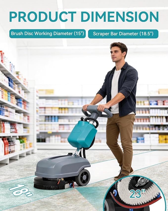 C3 15" Walk-Behind Commercial Floor Scrubber Machine, 500W Motor | 6 Gal Recovery Tank | 23" Suction Width | Brush Speed 200 RPM | 24,000 Sqft/h Coverage | Complete Set of Parts.
