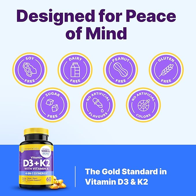 InnovixLabs Vitamine D3 K2 - 5000 UI Vitamine D3 Plus 600 mcg Vitamine K2 MK4 et MK7 pour une absorption maximale du calcium, soutient la santé des os, le système immunitaire, la santé cardiaque, testé par des tiers, sans gluten, 60 gélules (lot de 2)