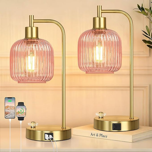 QiMH Industrial Table Lamp for Bedroom Set of 2, Pink Glass Beside Lamp with USB A&C Ports, Stepless Dimmable Gold Lamps, Nightstand Lamps for Living Room, Office, Home Decor(Bulb Included)