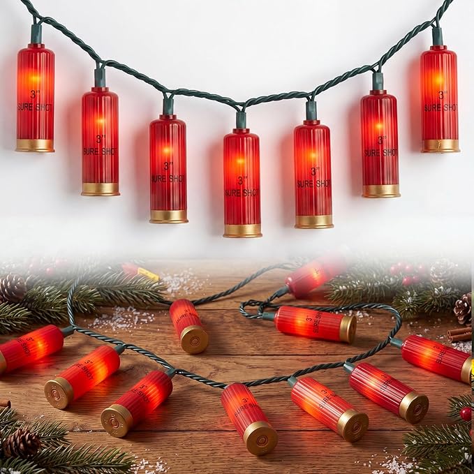 8.5Ft Red Shotgun Shell Christmas String Lights with 10 LED Bullet Shell Lights, Connectable Outdoor Military Style Bullet Light String for Christmas Garden Patio Party Tent Bar Decorations, Green