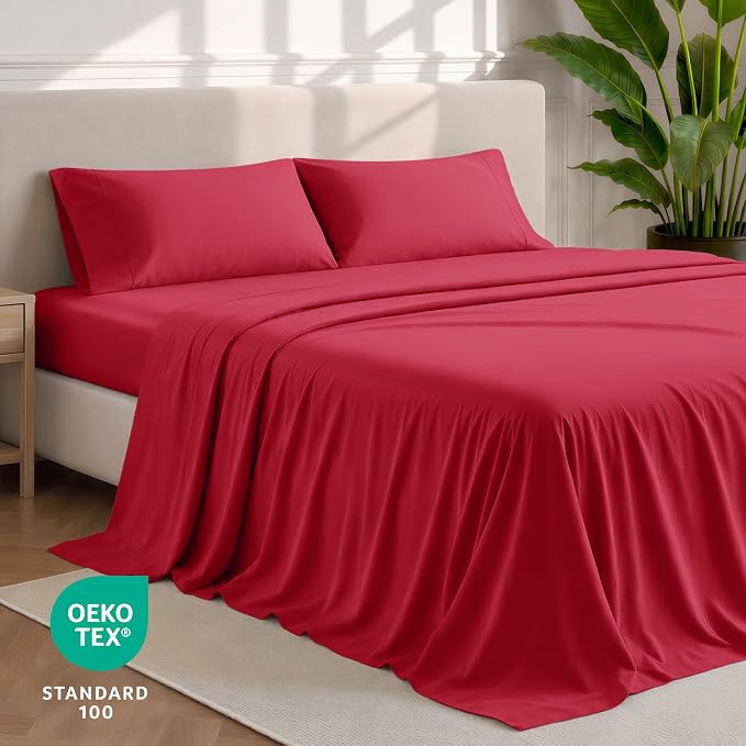 Bare Home King Sheet Set - 1800 Ultra-Soft Microfiber King Bed Sheets - Double Brushed - Deep Pockets - Easy Fit - 4 Piece Set - Bedding Sheets & Pillowcases (King, Red)