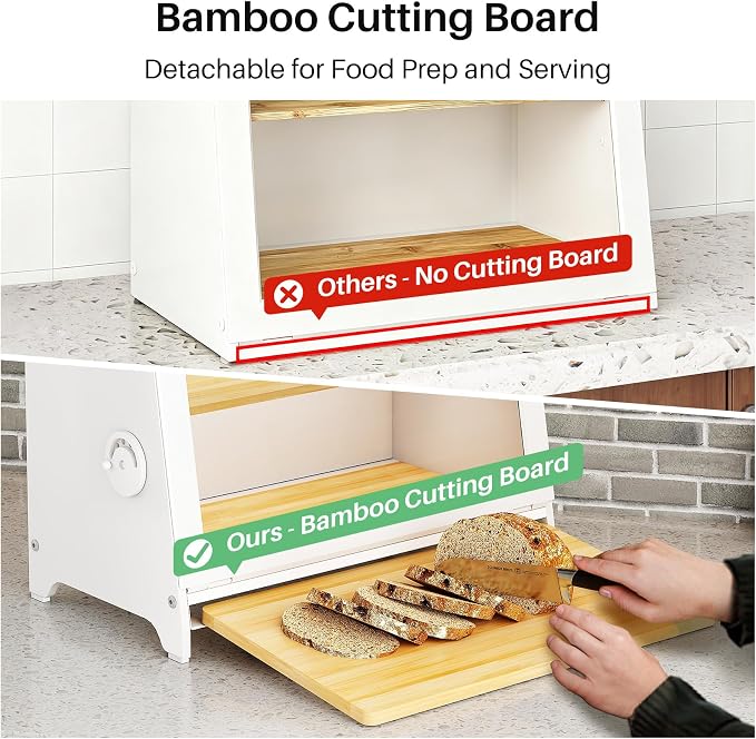 SNTD Bread Box for Kitchen Countertop, Airtight Homemade Bread Storage Container with Adjustable Vent Holes, Bamboo Cutting Board (White, L)
