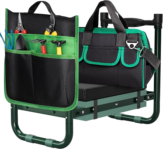Walensee Foldable Garden Kneeler and Seat Bench with Cross-Body Tool Bag, Removable Tool Pouch, Heavy Duty Garden Stool with Soft Kneeling Pad, No Assembly,Ideal Gardening Gift for Mom Women Seniors