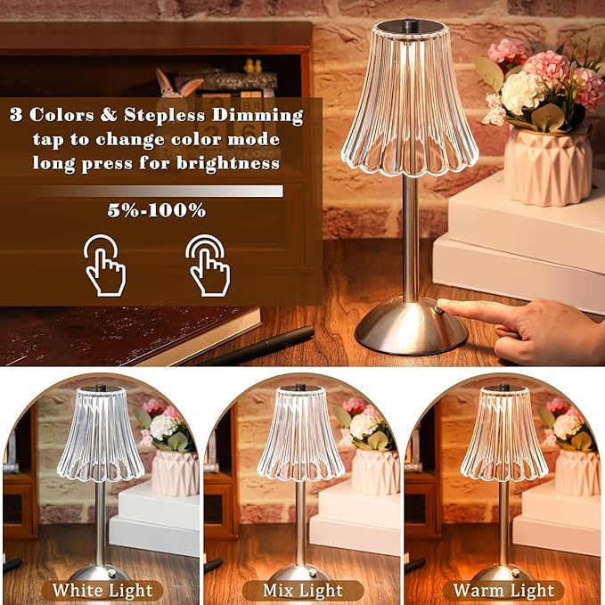Liliful 4 Pcs Cordless Table Lamp Rechargeable Touch LED Small Gold Portable Battery Operated USB-c Desk Lamp 3 Color Dimmable for Bedroom Living Room Dining (Silver,Rose Style)