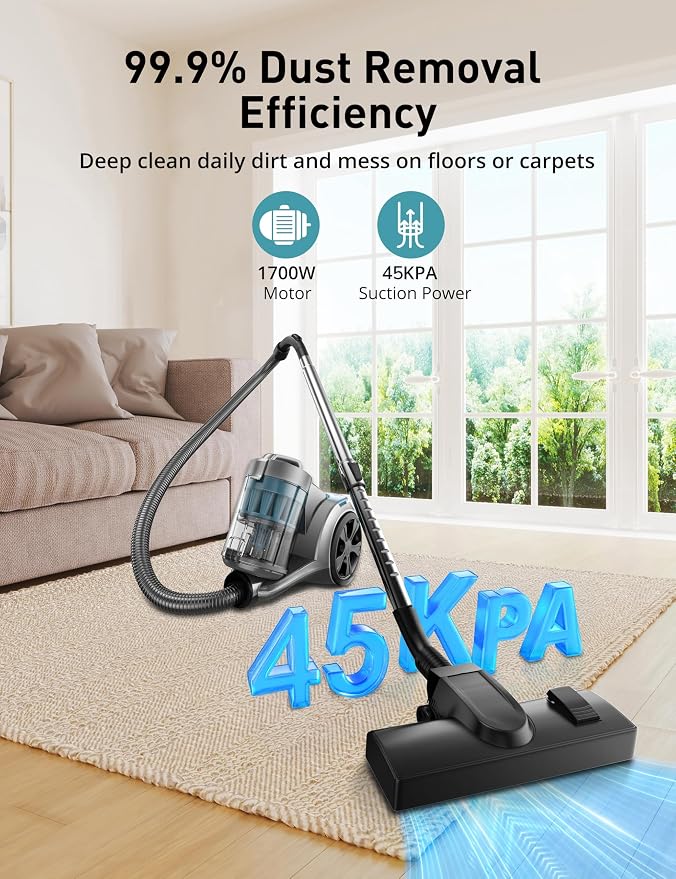 Aspiron 1700W Canister Vacuum Cleaner, 45Kpa Bagless Vacuum Cleaner, Multi-Cyclonic Filtration, 2 Anti-Allergen HEPA Filters, 3.5QT Dust Cup, 4 Tools, No Hair Tangles for Hard Floor, Pet Hair, Aqua