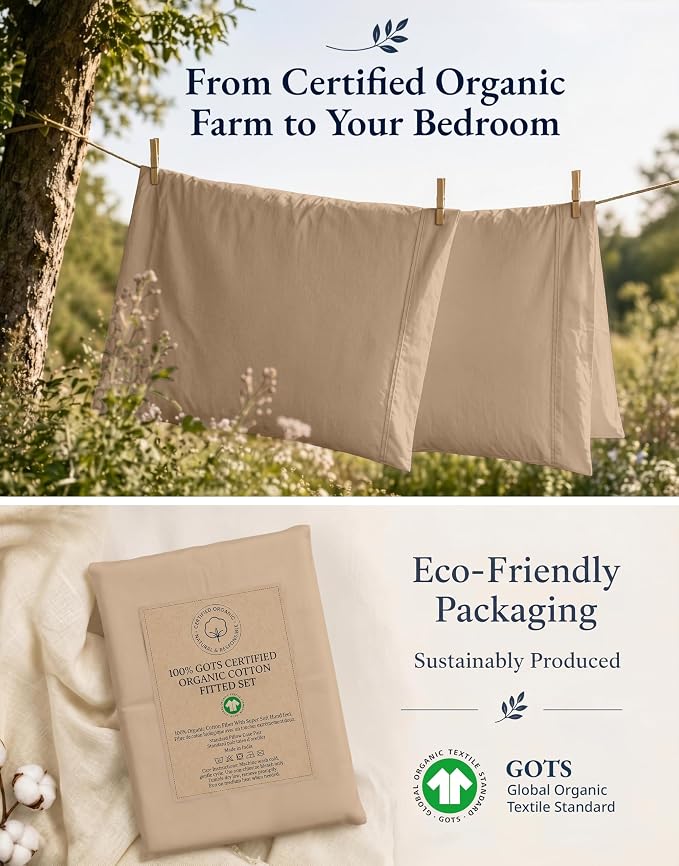 LANE LINEN Twin XL Fitted Sheet, 100% Organic Cotton 2-Piece Set (1 Fitted Sheet, 1 Pillowcase), Percale Weave, Bottom Sheet, Soft, Breathable, Fits Mattress Upto 15" Deep - Taupe (No Flat Sheet)