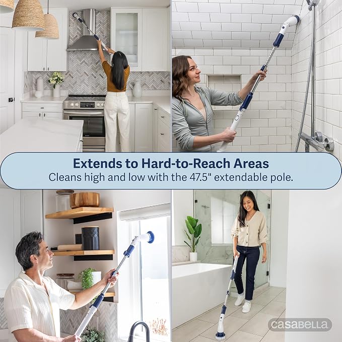 Casabella Power Spin Scrubber, Extendable to 47.5” – Cordless Electric Cleaner for Shower, Kitchen, Bathroom, Tile, Tub, Car, Deck - Rechargeable Spin Brush with Adjustable Brush Head & 4 Attachments