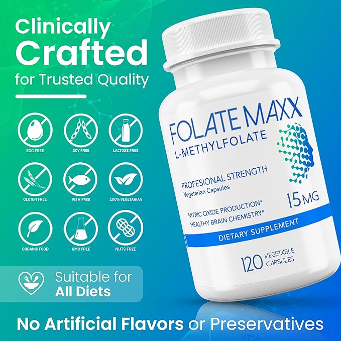 FolateMaxx L-Methylfolate 15mg, 120 Capsules – Doctor Formulated Methyl Folate Supplement for Women & Men – High Potency 5-MTHF for Energy, Mood & Focus – Non-GMO, Gluten-Free (4-Month Supply)