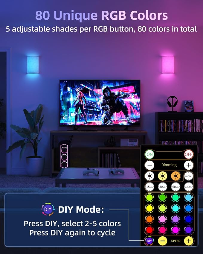 EZVALO Battery Operated Wall Sconce, Rechargeable Wall Sconces Set of Two with Remote, 3 Color & 80 RGB Wireless Wall Mount Lamp, Dimmable, Timer, Peel and Stick, Fabric Linen Wall Lights for Bedroom