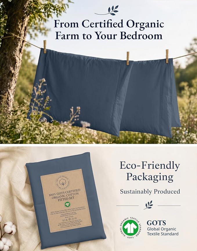 LANE LINEN 100% Organic Queen Size Fitted Sheet(+Pillowcases), Soft & Comfy Fully Elasticized Naturaly Temperature Regulating for Hot Sleepers Deep Pocket Fits Mattress Upto 15"- Estate Blue
