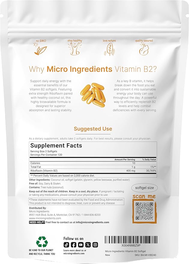 Vitamin B2, Riboflavin 400mg | 240 Softgels with Coconut Oil | Highly Bioavailable | Extra Strength Vitamin B Energy Supplements | Essential B Vitamins for Women & Men | Non-GMO, Gluten Free