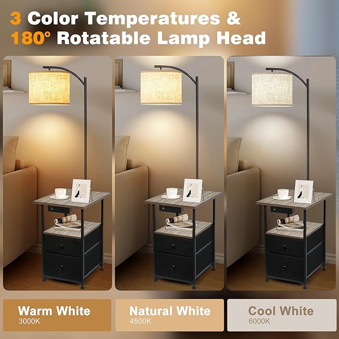 PESRAE Floor Lamp with Table & 2 Drawers, End Table with 3 Color Temperature Reading Light, Side Table Lamp with USB & Type C & AC Charging Port for Living Room, Home Office, Vintage Grey