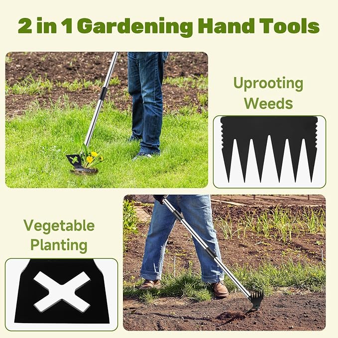 60" Weed Puller Tool with Long Handle and 17" Weeding Tools Gardening Set, Dual Side Hand Weed Rake and Hoe Garden Weeder, Uprooting Weed Pulling Remover Tool for Yard, Patio, Lawn and Garden Planting