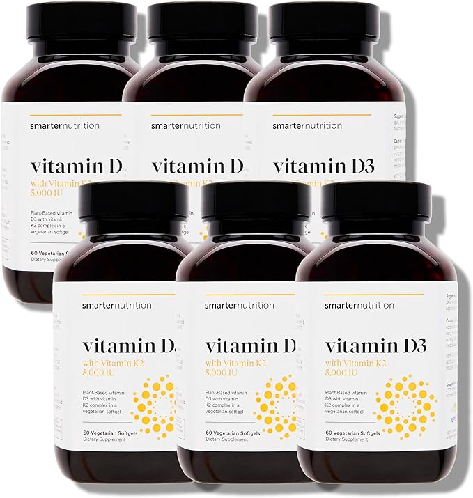 SMARTERNUTRITION Vitamine D3 végétalienne 5000 UI + Vitamine K2 naturelle 1100 mcg dans de l'huile de noix de coco et d'olive biologique - Complément D3 K2 pour le soutien immunitaire et osseux - 360 gélules molles [180 jours d'approvisionnement]