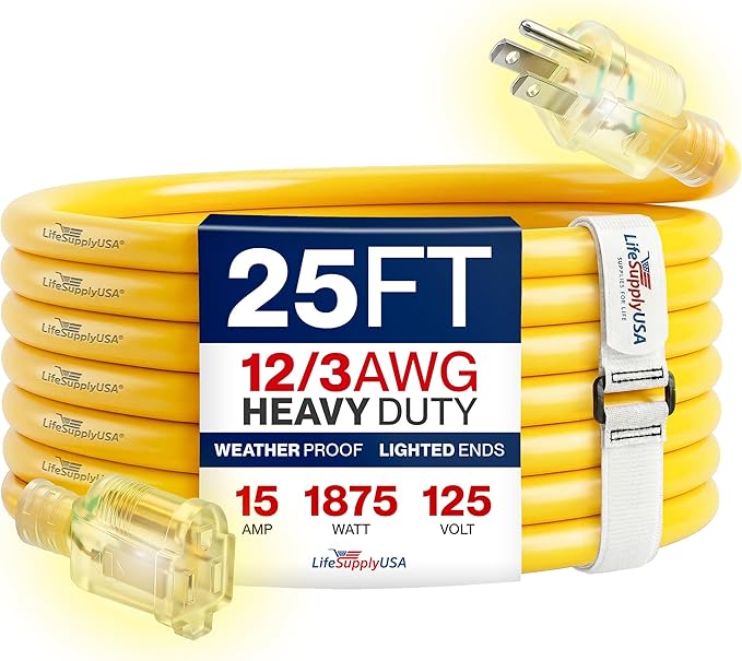 25ft Outdoor/Indoor Extension Cord 12/3 Gauge Extra Heavy Duty 3 Prong SJTW, Waterproof, Flexible Cold-Resistant Long Power Cord,15A 125V 1875W, Yellow by LifeSupplyUSA