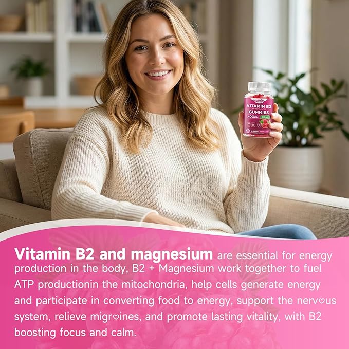 Lot de 2 Gommes Vitamine B2 Riboflavine 400mg avec Magnésium pour Enfants et Adultes, Gommes B2 pour le Soutien du Système Nerveux et la Santé de la Peau, Saveur Framboise, 120 Unités