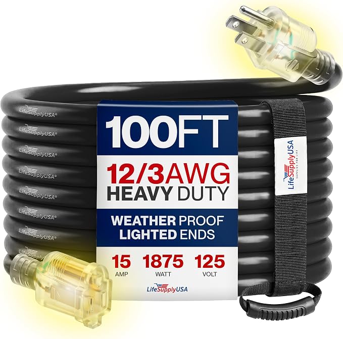 100ft Outdoor/Indoor Extension Cord 12/3 Gauge Extra Heavy Duty 3 Prong SJTW, Waterproof, Flexible Cold-Resistant Long Power Cord,15A 125V 1875W, Black by LifeSupplyUSA