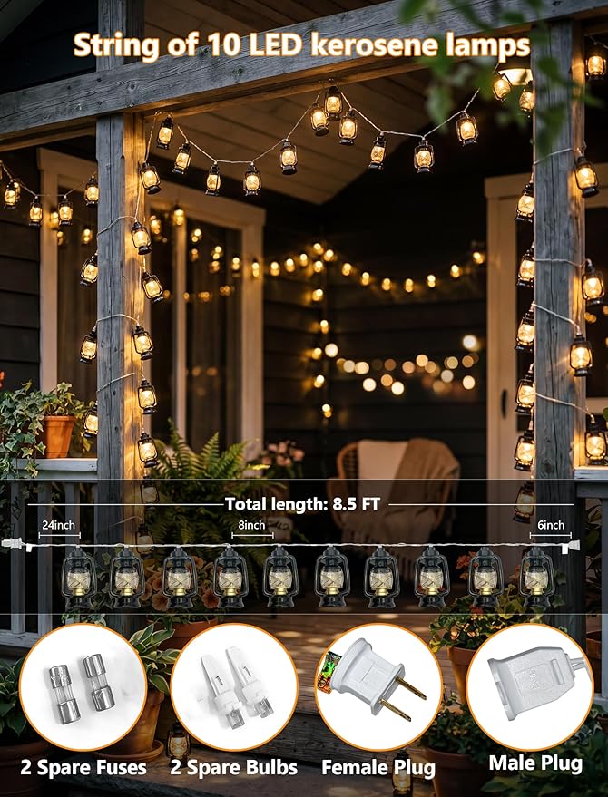 8.5Ft Black Mini Kerosene String Lights, Vintage Decorative String Lights with 10 LED Kerosene Lantern Bulbs, Waterproof Connectable Plug in Fairy Lights for Camping Patio Bedroom Party Holiday Decor