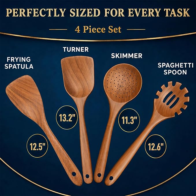 Extra-Large 4-Piece Teak Wooden Utensil Set – Non-Stick Wooden Spatula for Cooking, Skimmer Spoon & Spaghetti Spoon – Non Toxic Cooking Utensils