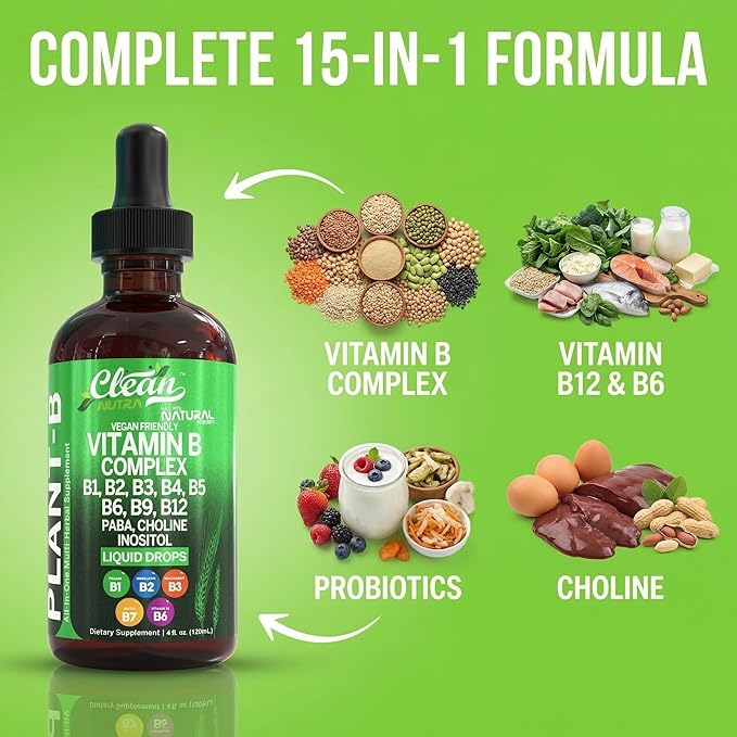 Complexe de Vitamines B Liquide | Thiamine B1, B6, B2, B3, B4, B5, B7, B9, B12, Niacinamide, Paba, Choline Inositol Taurine Probiotiques Racine de Betterave Spiruline - Compléments Alimentaires de Vitamines B Végétales par Clean Nutra