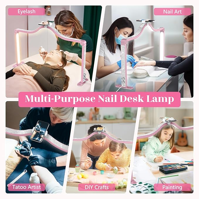 Yokilly Arc Half Moon Light: 34" Shadow-Free Half Moon Light for Desk Salon - Foldable LED Desk Lamp with Stepless Brightness for Manicurist (Rose Pink)