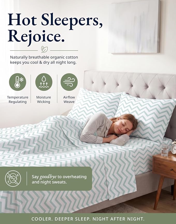 LANE LINEN 100% Organic Cotton Twin XL Fitted Sheet, 2-Piece Set (1 Fitted Sheet, 1 Pillowcase), Percale Weave, Lightweight, Soft, Breathable, Fits Mattress Upto 15' Deep - Cool Blue Chevron