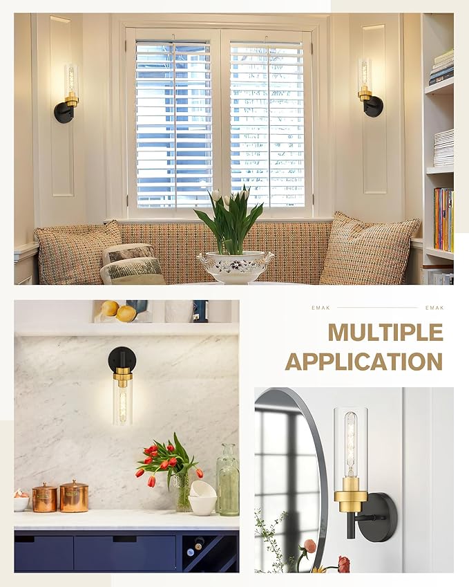 Emak Black and Gold Sconces Wall Decor Set of 2, Bathroom Vanity Light with Clear Glass Shade, Modern Wall Sconce for Bathroom, Bedroom, Living Room, Hallway, WS085-BKBGD-2PK