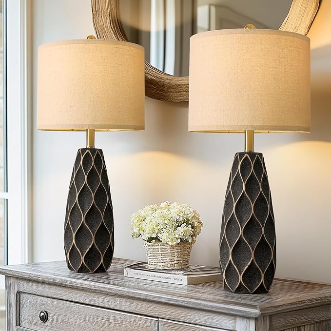 PORTRES 27.5" Ceramic Table Lamps for Bedroom Living Room Lamps Set of 2 Modern Bedside Nightstand Lamp Farmhouse Vintage Rustic Boho Retro Large Table Lamps Light Home Office Desk Deco Gifts, Black