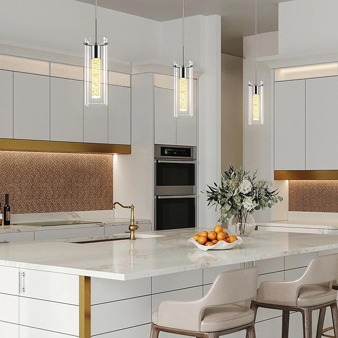 Pendant Ceiling Light Fixture, 2700K Pendant Lights for Kitchen Island Crystal Pendant Light Brushed Nickel, 1 Pack Integrated Kitchen Hanging Light Fixture Modern Island Light with Clear Glass