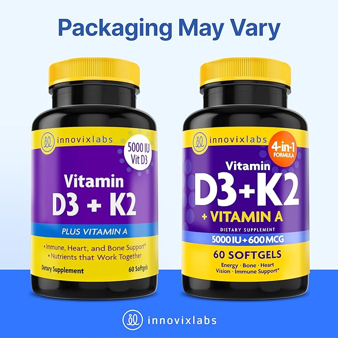 InnovixLabs Vitamine D3 K2 - 5000 UI Vitamine D3 Plus 600 mcg Vitamine K2 MK4 et MK7 pour une absorption maximale du calcium, soutient la santé des os, le système immunitaire, la santé cardiaque, testé par des tiers, sans gluten, 60 gélules (lot de 2)